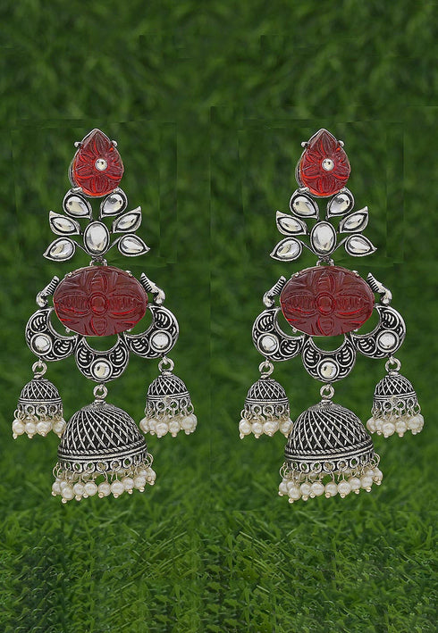 Oxidised Red and white Stone Studded Jhumka Style Earrings 20g